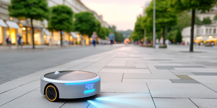 Autonomous delivery robot driving on city sidewalk with pedestrians in urban environment at sunset