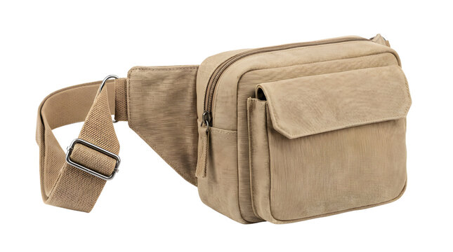 Beige canvas waist bag with adjustable strap, durable khaki fanny pack for travel and hiking, tactical fabric hip pouch isolated on white