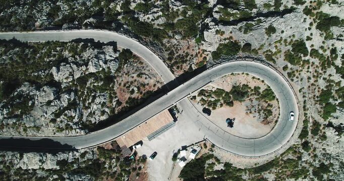 Aerial View Car Driving Winding Mountain Road Sa Calobra Mallorca Spain