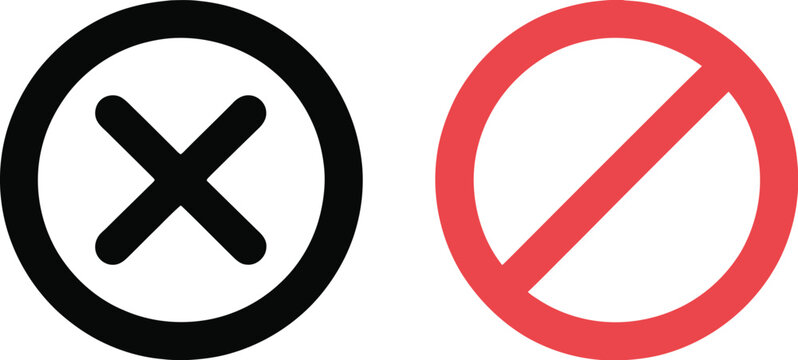 Prohibition symbol icon set, black and red oval signs indicating restriction and incorrect answers for warning alerts and validation design.