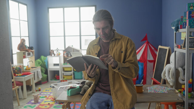 Man reading book and pointing finger to page, bare hand visible, seated on a table edge in colorful preschool building playroom with toys, tent and chalkboard; concentration.