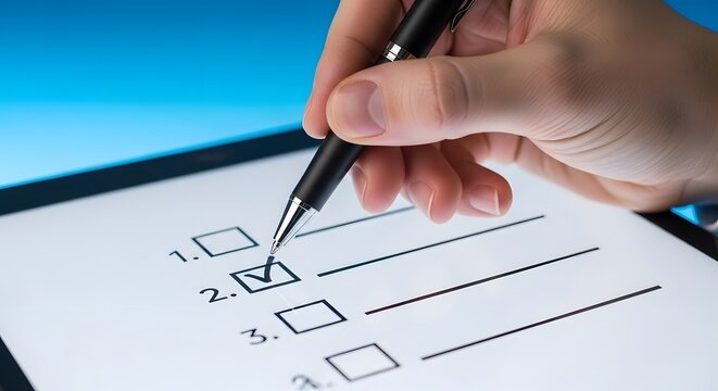 Person filling out checklist with pen on tablet