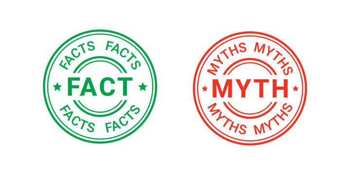 Fact Myth stamps. Truth or false sticker. Round seal imprints. Green red emblems isolated on white background. Infographic labels. Retro badges templates. Vector illustration.