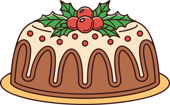 Realistic christmas cake with red berries and green leaves icing