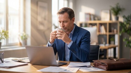 Obraz premium Businessman in blue suit drinking coffee while working on laptop at wooden desk in modern office