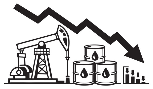 Oil price drop vector illustration, falling market trend with pump jack and crude oil barrels, global energy crisis and economic recession concept