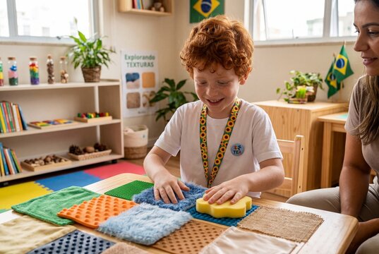 Red-haired boy with autism exploring textures