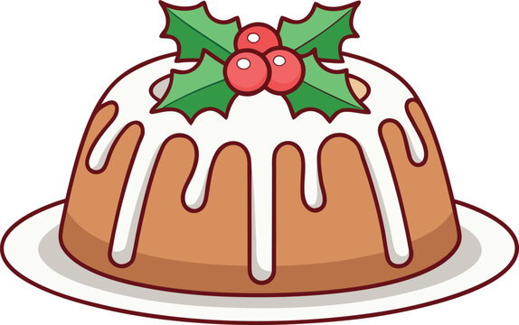 3 d rendered christmas cake with red berries and green holly on white plate
