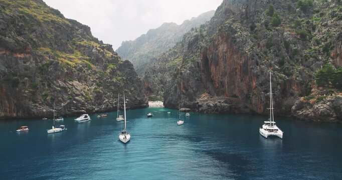 Sa Calobra Cove Mallorca Aerial Boats Scenic Cliffs