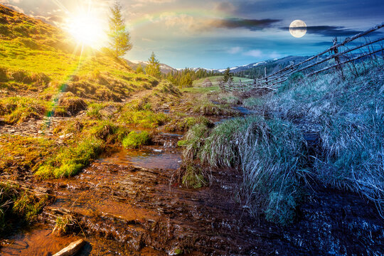 day meet night. rural scenery in carpathian mountains. sun and moon over simple view of a countryside mountain landscape during springtime at twilight. brook near the grassy hills. harmony concept