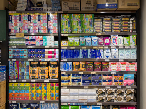 PENANG, MALAYSIA - FEB 05, 2026: Tissue paper products displayed on supermarket retail shelves in household essentials aisle.