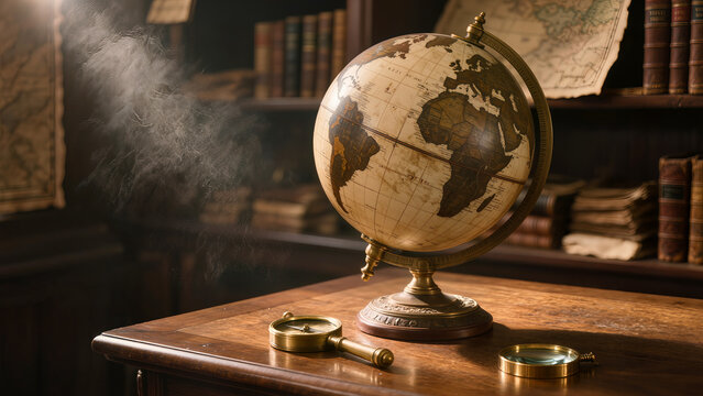 Vintage world globe and brass compass on an old desk, history of discovery and antiquity concept.