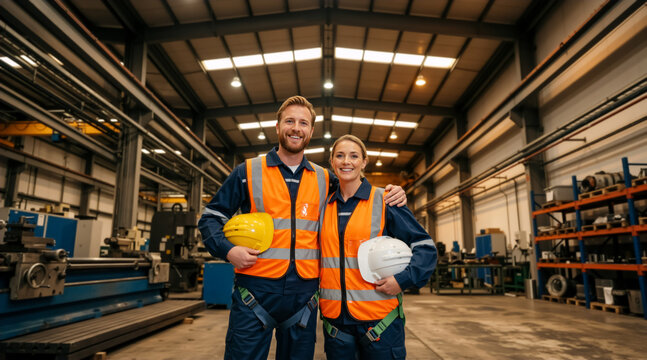 Smiling male and female industrial workers in factory. Two engineers in orange safety vests and harnesses holding hard hats. Teamwork and manufacturing industry concept