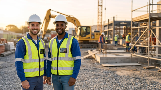 Diverse male construction workers smiling at camera. Two builders in hard hats and safety vests on active building site with excavator. Teamwork and collaboration concept