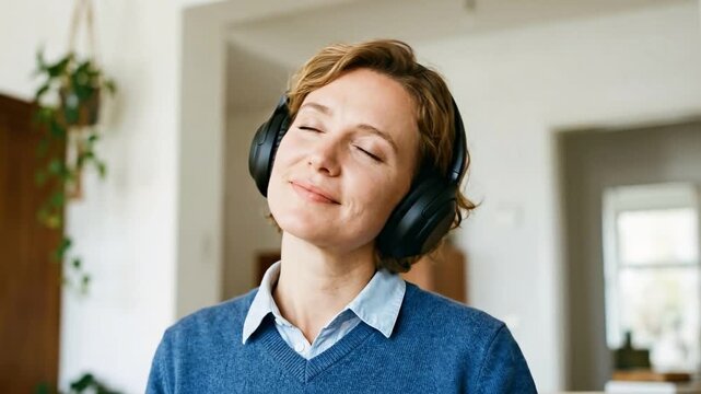 Happy woman wearing headphones listening to calming music