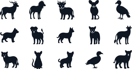Obraz premium Black silhouettes of various animals on white background