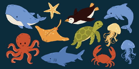 Sea animals vector elements set with whale, shark, octopus, dolphin and turtle in cute hand drawn doodle style for kids nursery design and education © Ruslanivna
