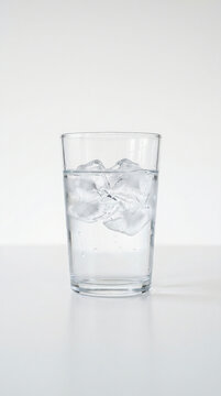 Vaso transparente con agua y cubos de hielo sobre fondo blanco, iluminaci&oacute;n suave, estilo ultra minimalista.