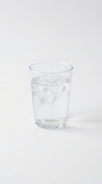 Vaso transparente con agua y cubos de hielo sobre fondo blanco, iluminaci&oacute;n suave, estilo ultra minimalista.
