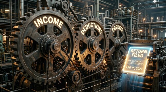 Giant gears labeled income, deductions, and credits processing tax return in industrial setting