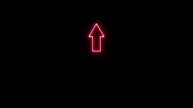 Glowing red neon arrow sign pulsing on black background, minimalist digital for ui navigation and direction