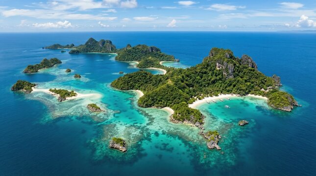 Aerial view of tropical archipelago with limestone cliffs, turquoise lagoons, and white sand beaches in Palawan, Philippines, for luxury travel and exotic vacation destination marketing.