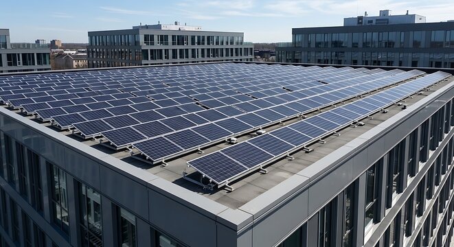 solar panel installation on modern commercial building rooftop with cityscape background