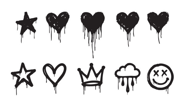 Set of black graffiti heart and star symbols with paint drips. Vector street art icons featuring crown, cloud, and smiley face with spray paint effect.