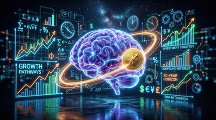 Obraz premium Glowing coin orbiting brain with financial graphs and investment data