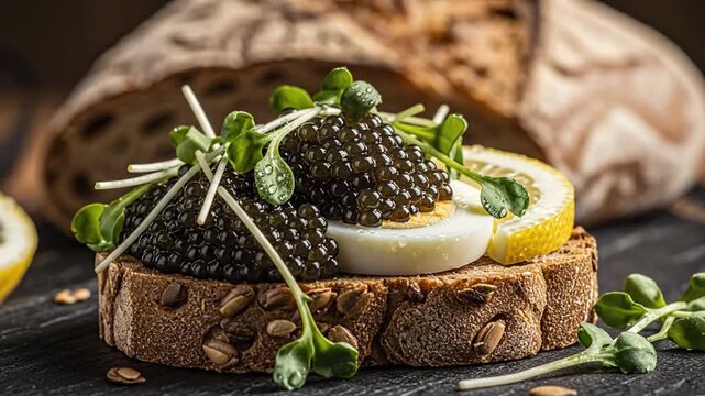 Black caviar canape on dark bread with egg and lemon