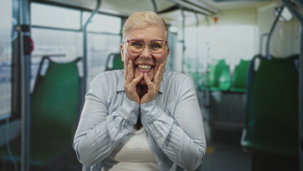 Fototapeta premium Woman with hands on cheeks and puckered lips seated on green bus seats inside a bus with windows and handrails on a street; surprise.