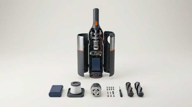 Repairable home gadget disassembled with internal components and tools displayed