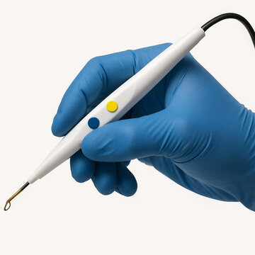 Close-up of a gloved hand holding an electrocautery pen, a medical device used for surgical procedures, isolated on a clean background, symbolizing healthcare, surgery, precision.