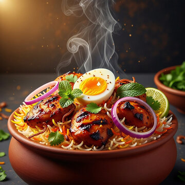 steaming hot nasi lemak with fried chicken, boiled egg, and spicy sambal in clay bowl on dark table