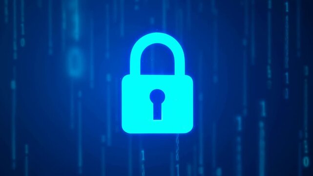 Glowing blue padlock icon with a keyhole on a dark background with binary code, conveying a sense of security and technology.