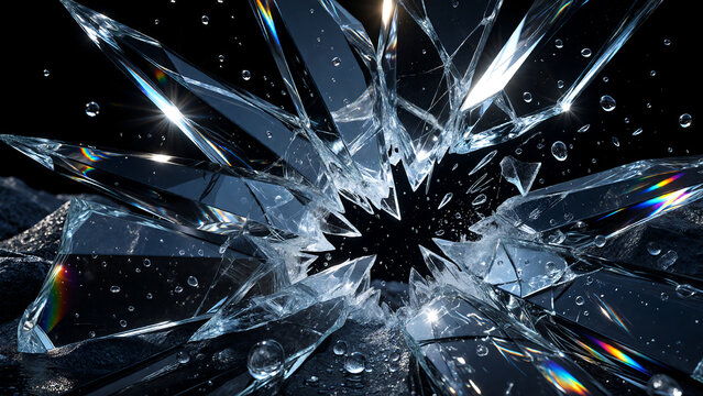 Transparent crystal liquid crashing with sharp edges and refractions