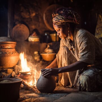 Traditional Ethiopian coffee ceremony with woman roasting beans over firelight in a cozy home setting
