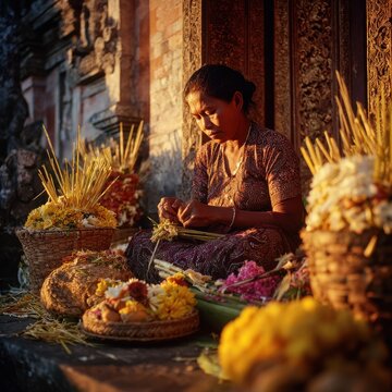 Balinese woman arranging canang sari offering at temple entrance in morning light