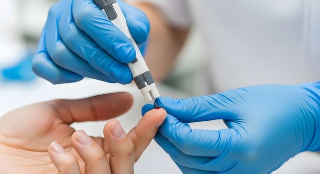 Close-up of a healthcare professional in blue gloves using a lancet pen to take a finger prick blood sample from a patient for a glucose level test or medical diagnostic in a laboratory.