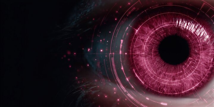 Human eye with digital iris scanning interface. Futuristic biometric technology and cyber security system. High tech data identification process. Cybernetic scanner for optic verification.