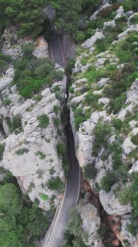Aerial View Winding Road Rocky Gorge Mallorca Traffic