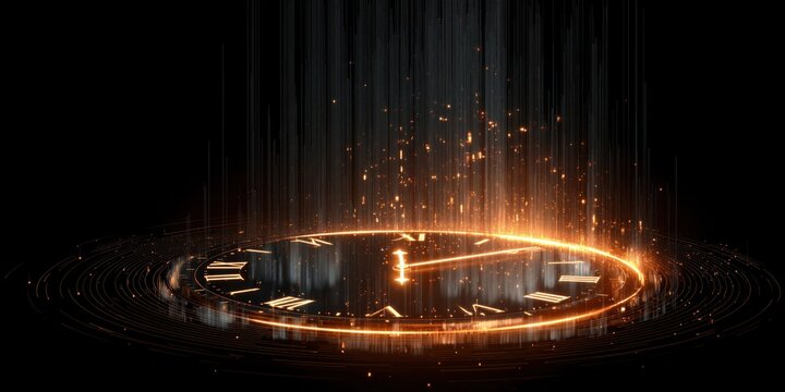 Glowing digital clock with golden particles and light rays. Abstract time concept representing future innovation. Technology visualization of passing time in a virtual data environment.