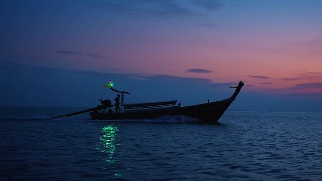Silhouetted traditional Thai longtail boat with glowing green navigation light cruises through calm dark blue ocean waters during a stunning purple and orange twilight sky at dusk in Thailand.
