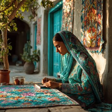 Young Pakistani woman embroidering phulkari pattern in a sunny courtyard