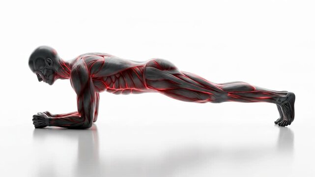 Slow motion footage of a 3D medical animation of the human body performing a forearm plank exercise, highlighting core stability and muscular engagement for fitness and health.