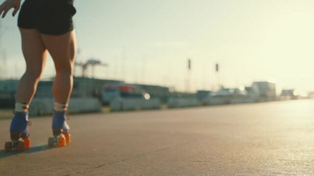 Woman with tattoos roller skating outdoors at sunset