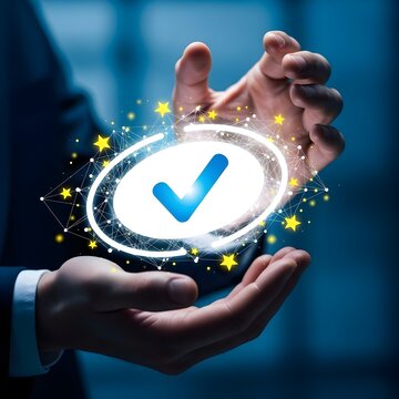 Futuristic hollogram check mark validating success with advanced technology and digital innovation