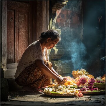 Balinese woman preparing canang sari offering at temple entrance in morning light