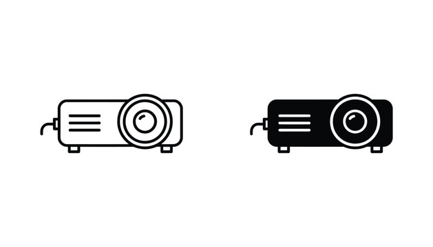 Media projector with power cable icon in outline and solid black silhouette for audiovisual tech and presentation equipment