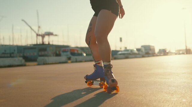 Young tattooed woman roller skating during sunset